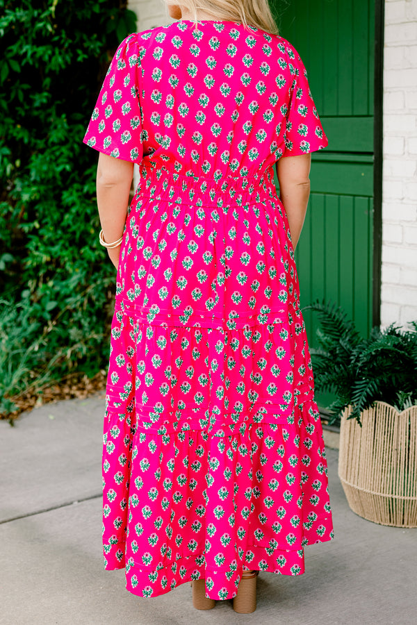 Chic Soul plus size clothing, fuchsia short-flutter sleeve shallow v-neck tiered maxi dress with floral pattern