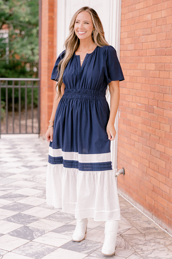 Chic Soul plus size clothing, navy short-flutter sleeve shallow v-neck maxi dress with cinched waist and white color blocking at bottom