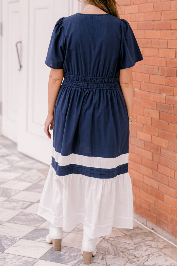 Chic Soul plus size clothing, navy short-flutter sleeve shallow v-neck maxi dress with cinched waist and white color blocking at bottom