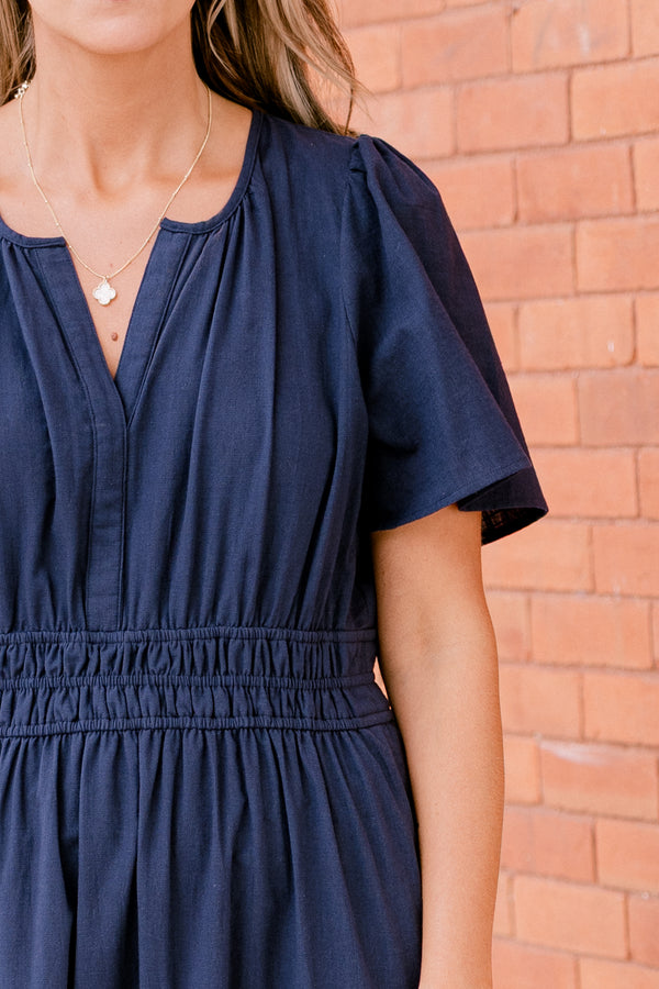 Chic Soul plus size clothing, navy short-flutter sleeve shallow v-neck maxi dress with cinched waist and white color blocking at bottom