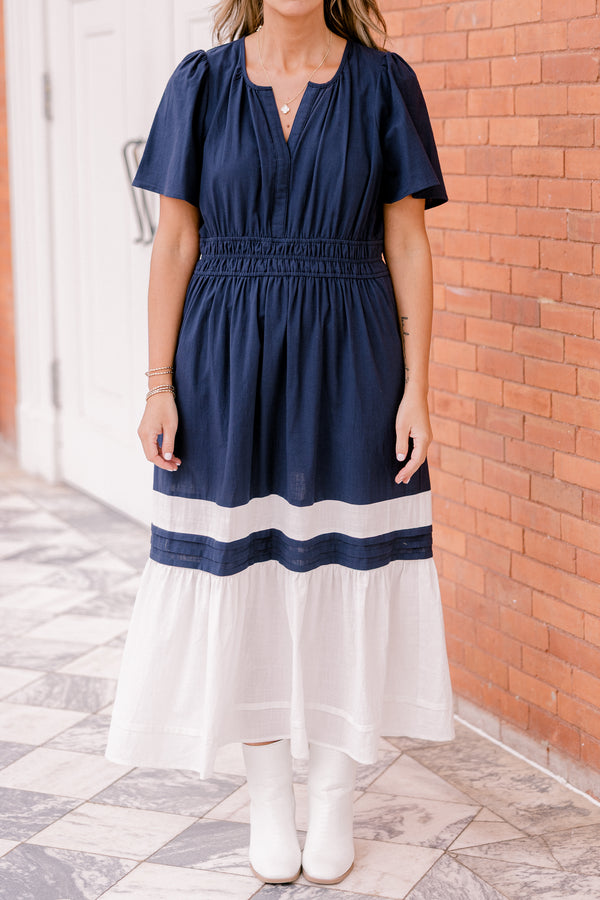 Chic Soul plus size clothing, navy short-flutter sleeve shallow v-neck maxi dress with cinched waist and white color blocking at bottom