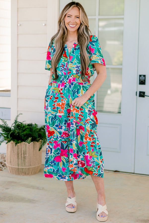 Chic Soul plus size clothing, short-sleeve teal ruffled tiered midi baby doll dress with a split-v-neckline and a multi-colored tropical floral abstract pattern