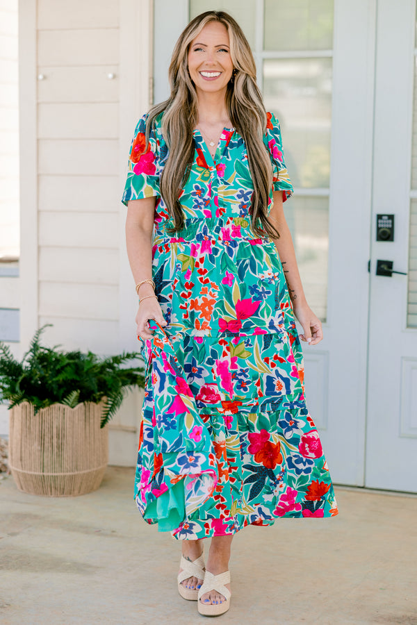 Chic Soul plus size clothing, short-sleeve teal ruffled tiered midi baby doll dress with a split-v-neckline and a multi-colored tropical floral abstract pattern
