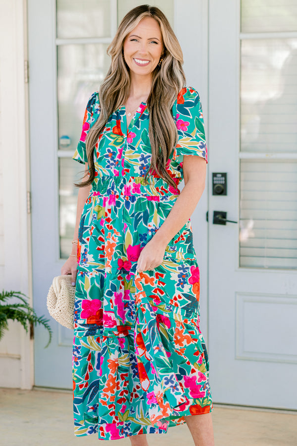 Chic Soul plus size clothing, short-sleeve teal ruffled tiered midi baby doll dress with a split-v-neckline and a multi-colored tropical floral abstract pattern