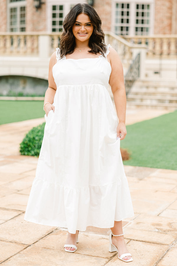 Chic Soul plus size clothing, solid white sleeveless midi dress with tie on back