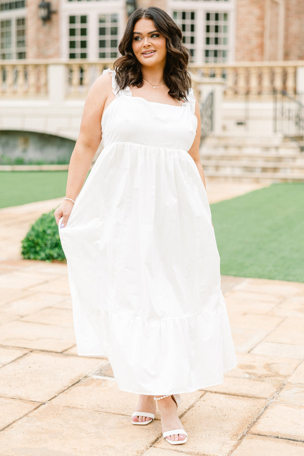 Chic Soul plus size clothing, solid white sleeveless midi dress with tie on back