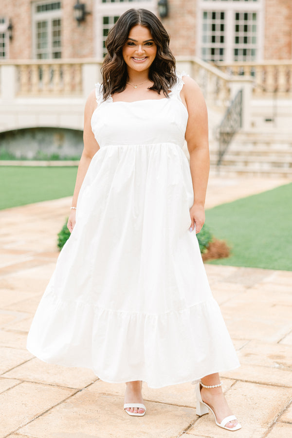 Chic Soul plus size clothing, solid white sleeveless midi dress with tie on back
