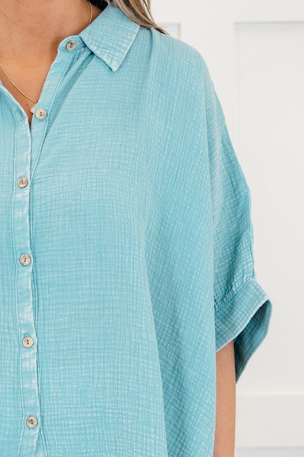 Chic Soul plus size clothing, dusty teal acid wash short sleeve gauze button up top with collar detail with cuff sleeves