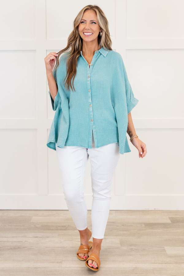 Chic Soul plus size clothing, dusty teal acid wash short sleeve gauze button up top with collar detail with cuff sleeves