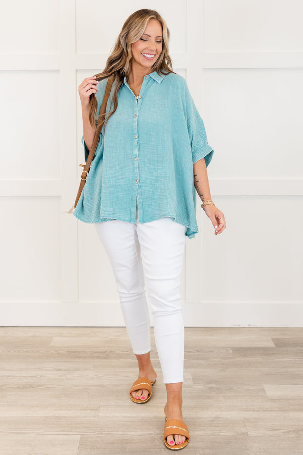 Chic Soul plus size clothing, dusty teal acid wash short sleeve gauze button up top with collar detail with cuff sleeves