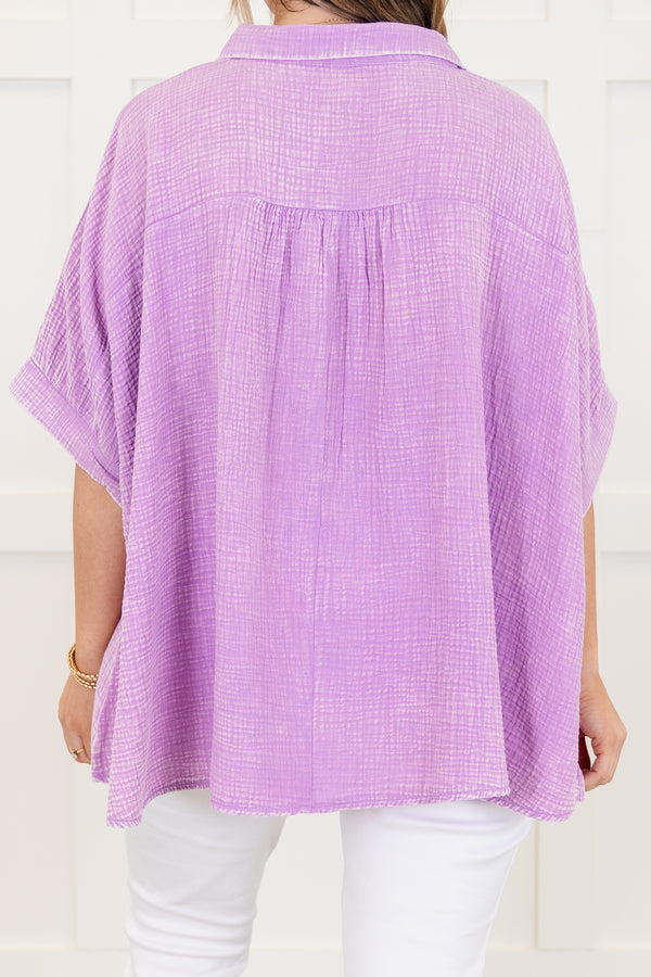 Chic Soul plus size clothing, lavender acid wash gauze material short sleeve button up top with collar detail with cuffed sleeves with slits on the sides of the bottom