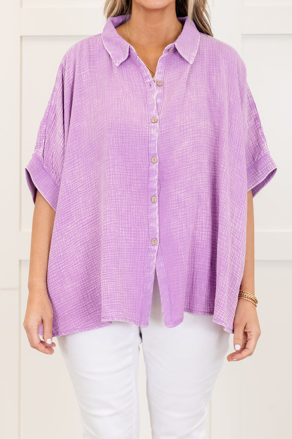 Chic Soul plus size clothing, lavender acid wash gauze material short sleeve button up top with collar detail with cuffed sleeves with slits on the sides of the bottom