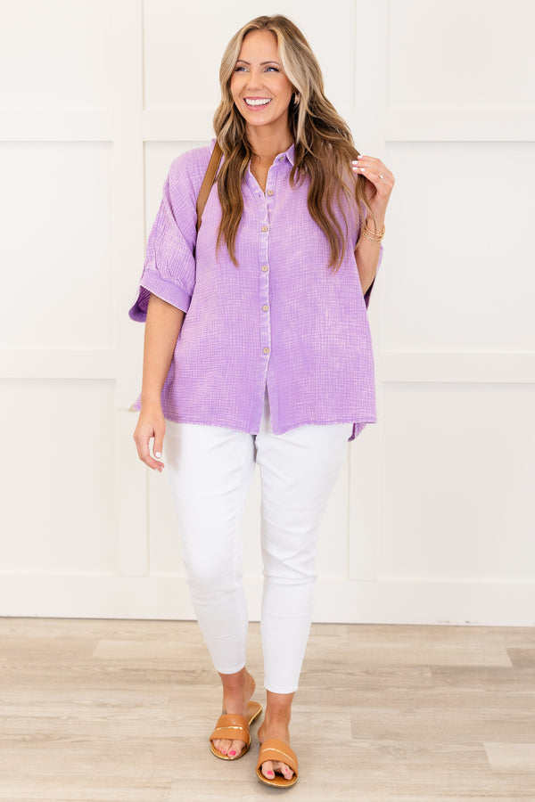 Chic Soul plus size clothing, lavender acid wash gauze material short sleeve button up top with collar detail with cuffed sleeves with slits on the sides of the bottom