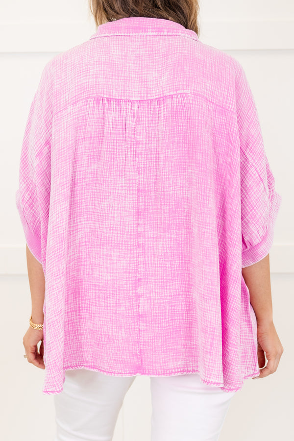 Chic Soul plus size clothing, mauve acid wash gauze material short sleeve button up top with collar detail with cuffed sleeves with slits on the sides of the bottom