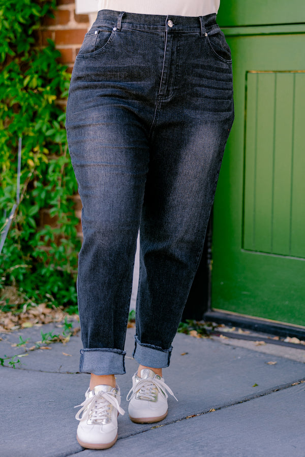 Chic Soul plus size clothing, black high rise straight leg denim with unfinished hem