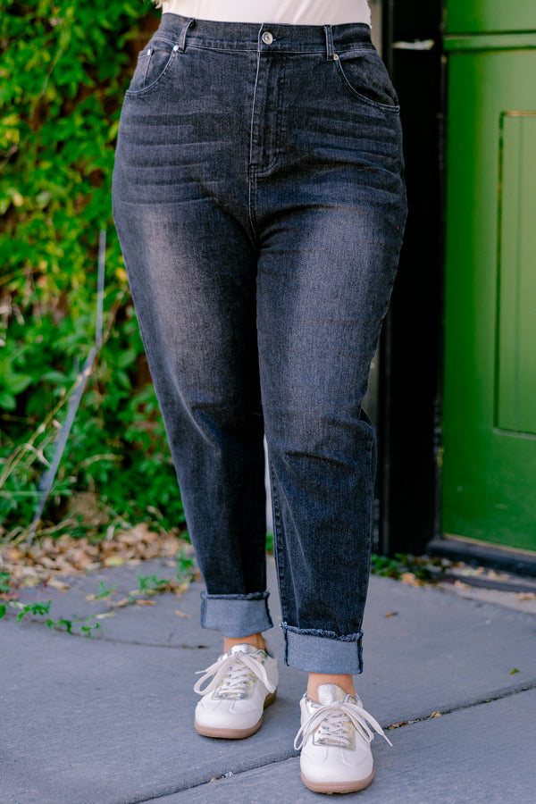 Chic Soul plus size clothing, black straight leg denim with unfinished hem