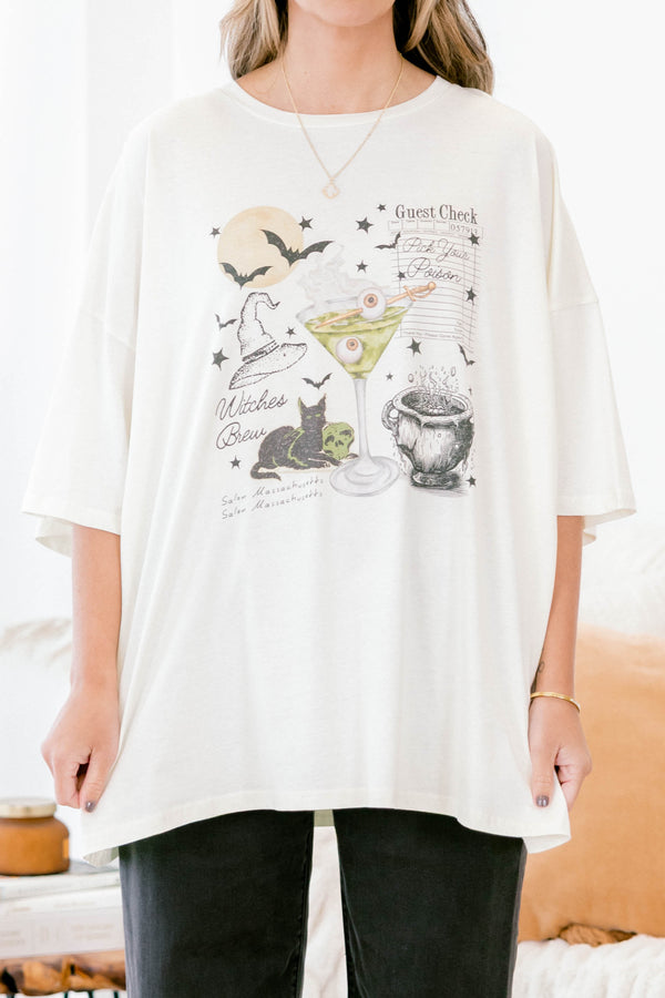 Chic Soul plus size clothing, ivory short sleeve boyfriend tee with a black cat, martini with eyeballs, bats, and other Halloween graphics on the front