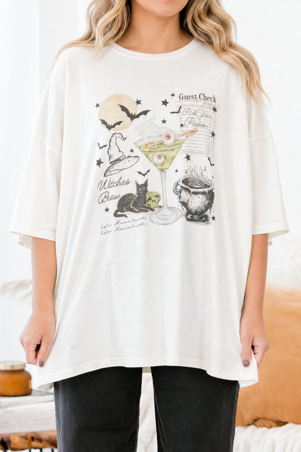 Chic Soul plus size clothing, ivory short sleeve boyfriend tee with a black cat, martini with eyeballs, bats, and other Halloween graphics on the front