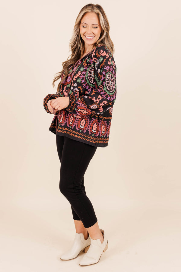 Chic Soul plus size clothing, black-mauve floral and paisley pattern blouse with drawstrings and balloon sleeves