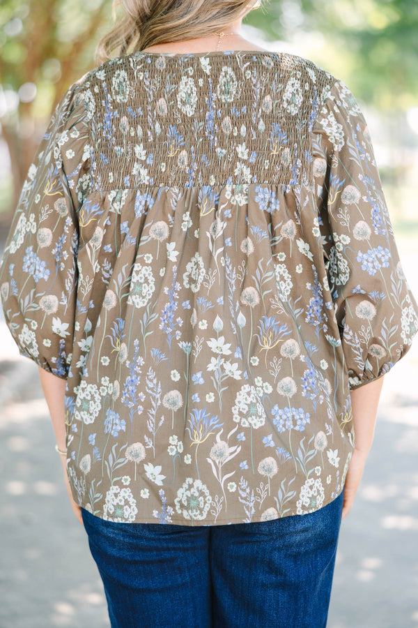 Plus Size brown floral cotton top with smocked yoke, V-neckline, and 3/4 puff sleeves.