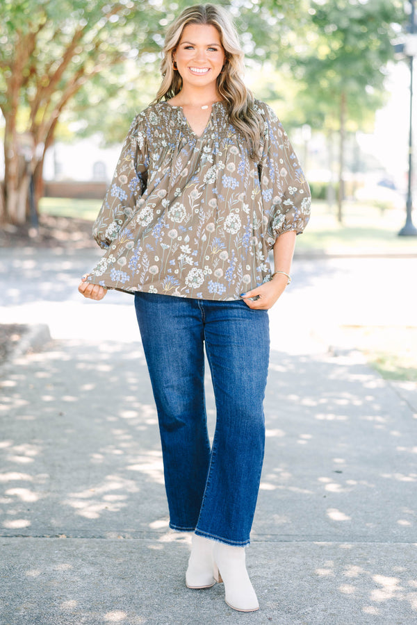 Plus Size brown floral cotton top with smocked yoke, V-neckline, and 3/4 puff sleeves.