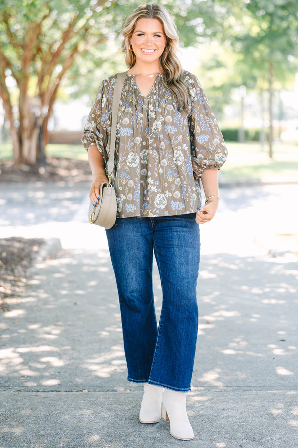 Plus Size brown floral cotton top with smocked yoke, V-neckline, and 3/4 puff sleeves.