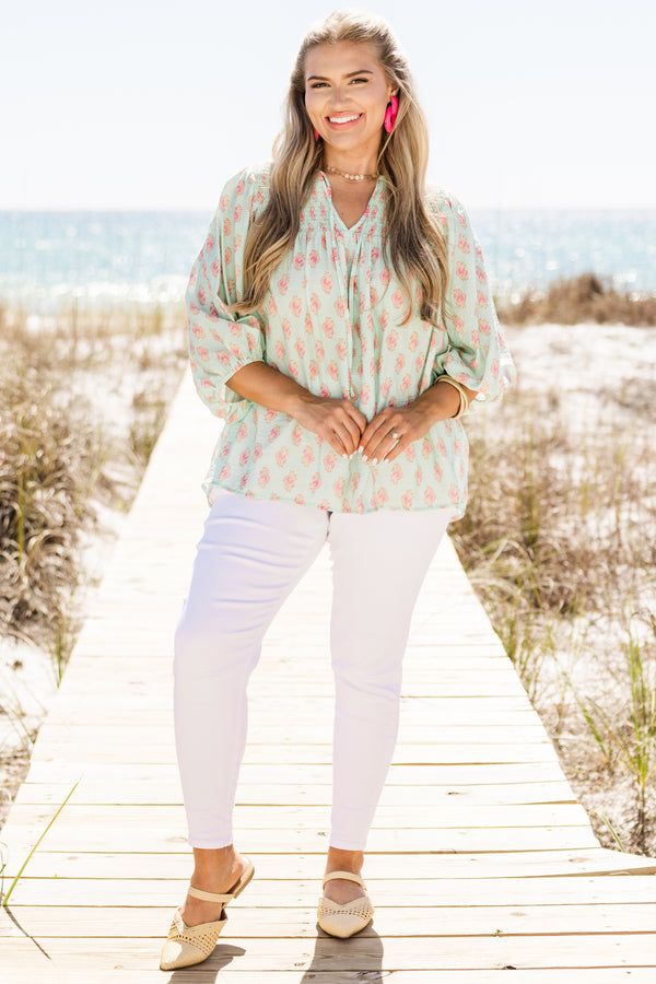 Chic Soul plus size clothing, turquoise three quarter length sleeve flowy top with v neckline with tie detail with pink floral print 