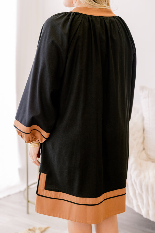 Chic Soul plus size clothing, black long bubble sleeve short dress with camel brown edges at the bottom of the dress and the sleeves and bordered the v-neckline 