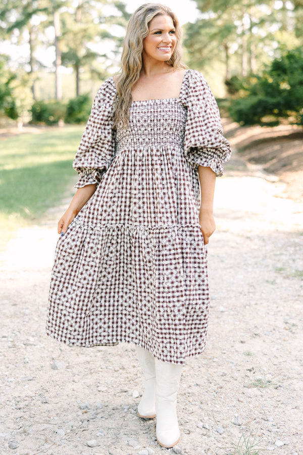 Plus size clothing, brown gingham midi dress with floral embroidery