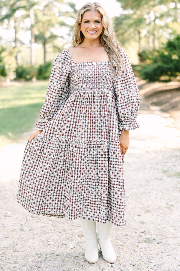 Plus size clothing, brown gingham midi dress with floral embroidery