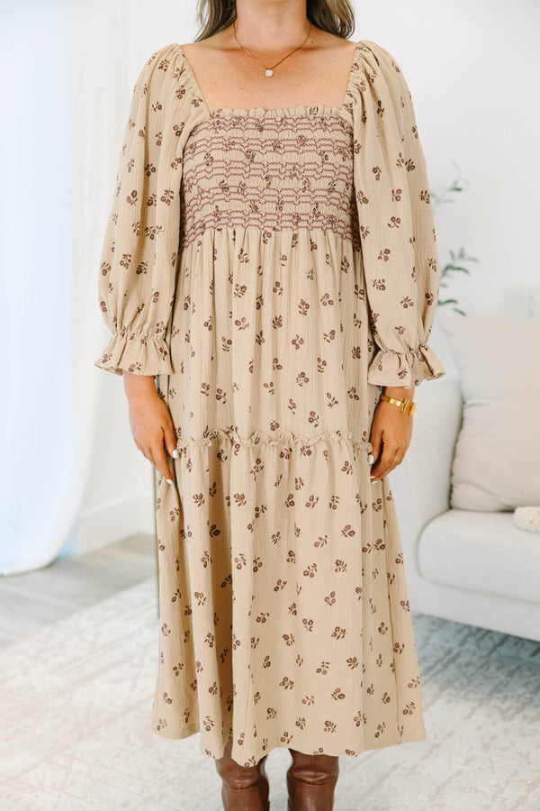 Plus Size taupe floral cotton midi dress with smocked bodice, square neck, and long puff sleeves.