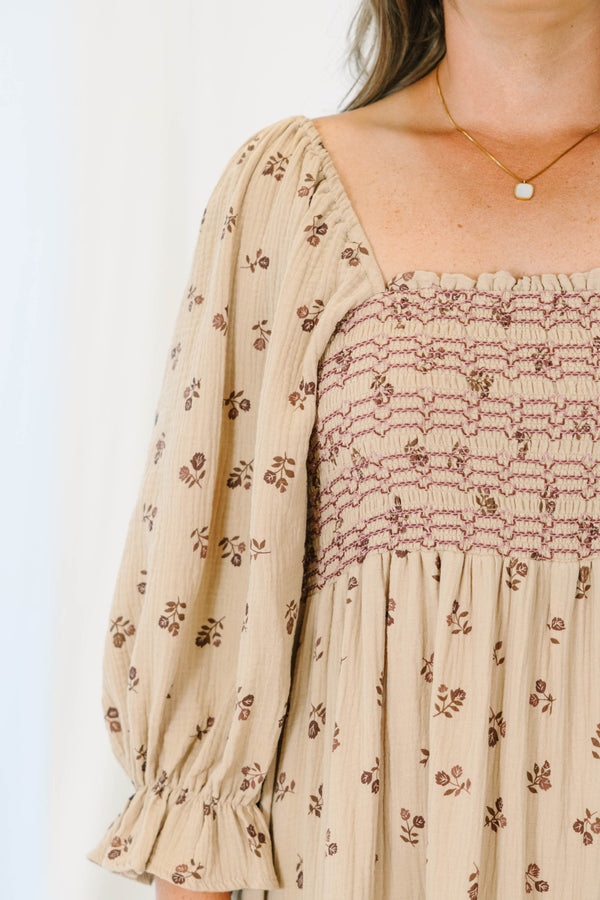 Plus Size taupe floral cotton midi dress with smocked bodice, square neck, and long puff sleeves.