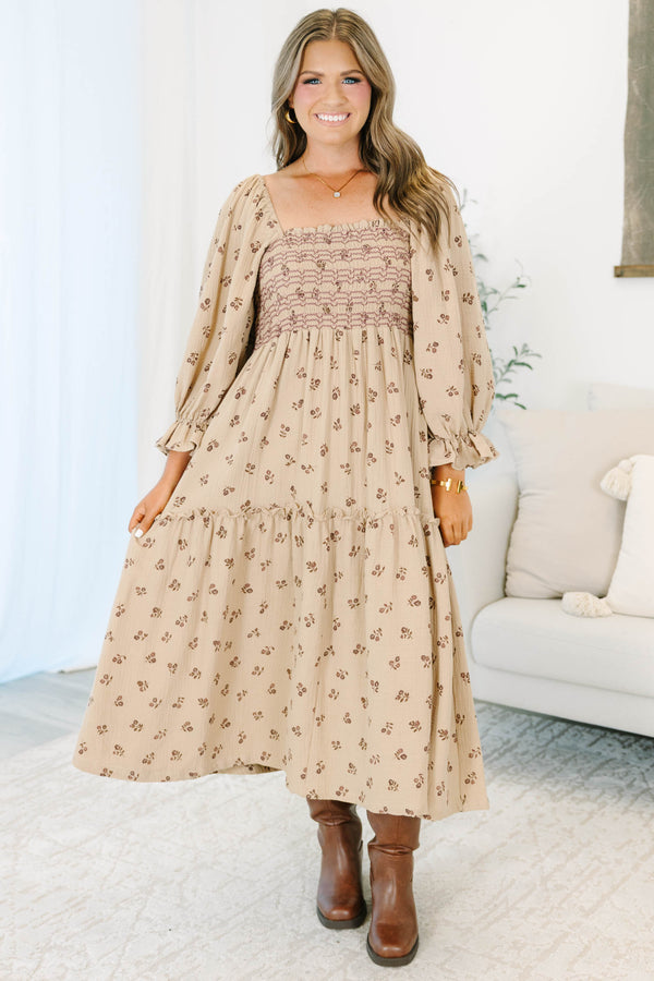 Plus Size taupe floral cotton midi dress with smocked bodice, square neck, and long puff sleeves.
