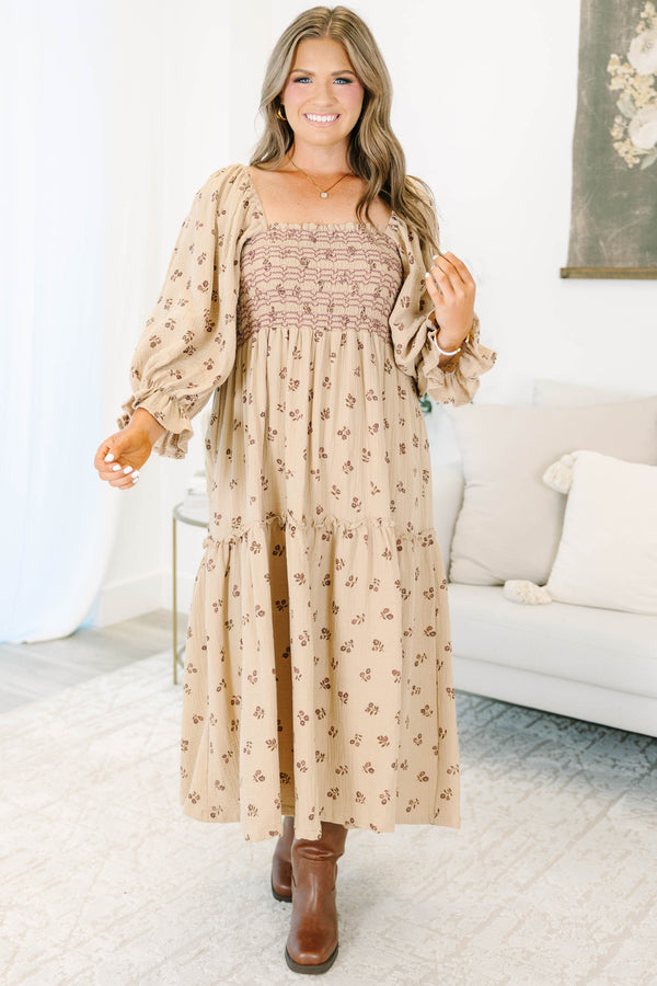 Plus Size taupe floral cotton midi dress with smocked bodice, square neck, and long puff sleeves.