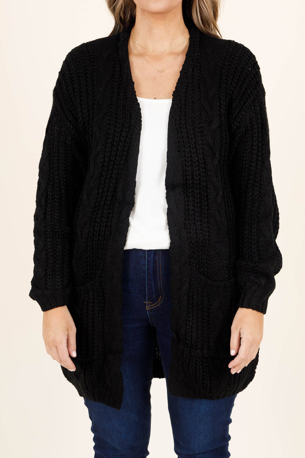 Chic Soul plus size clothing, black soft crochet style thigh length cardigan top