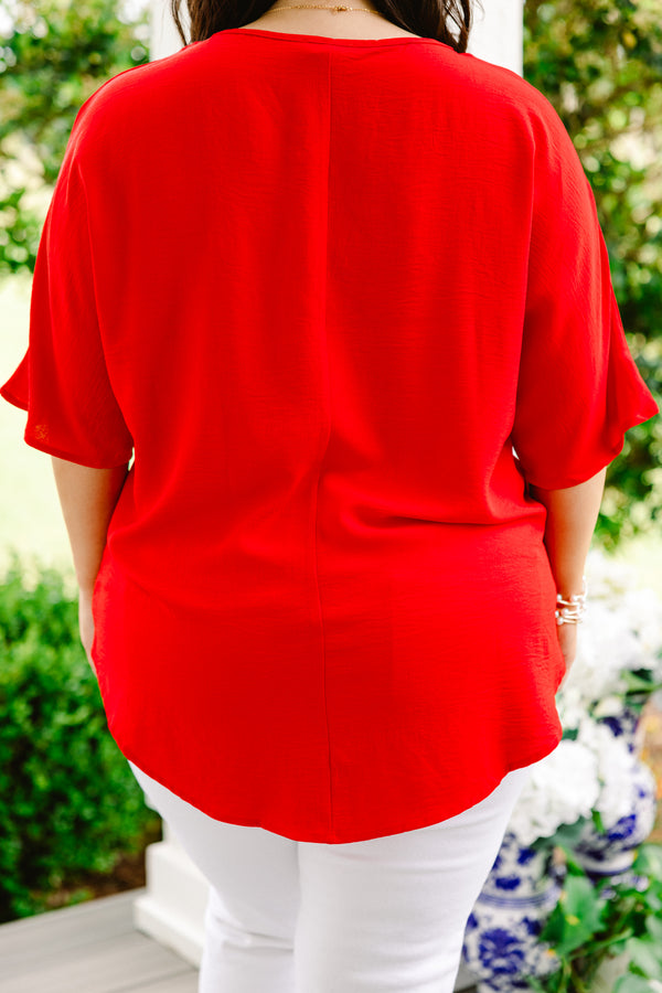 Chic Soul plus size clothing, red short sleeve plain top with chest pocket and v neckline