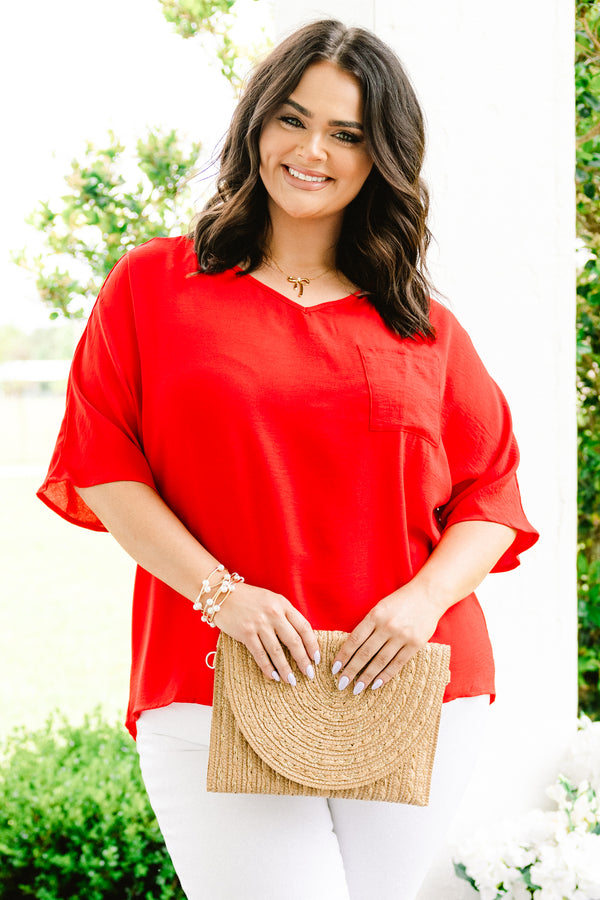 Chic Soul plus size clothing, red short sleeve plain top with chest pocket and v neckline