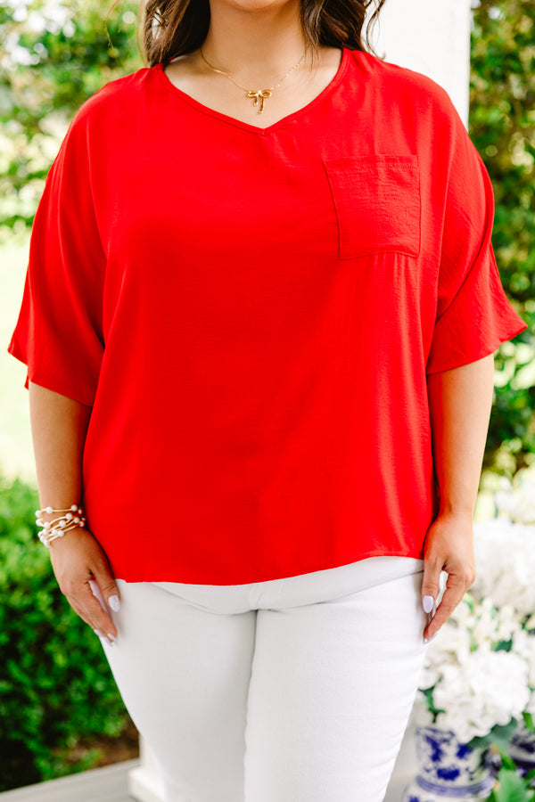Chic Soul plus size clothing, red short sleeve plain top with chest pocket and v neckline