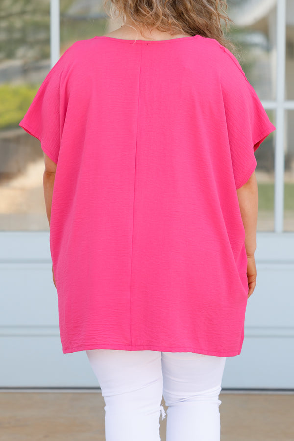 Chic Soul plus size clothing, hot pink flowy blouse with a v neck