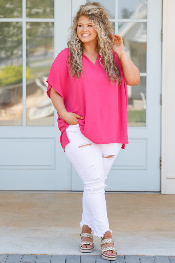 Chic Soul plus size clothing, hot pink flowy blouse with a v neck