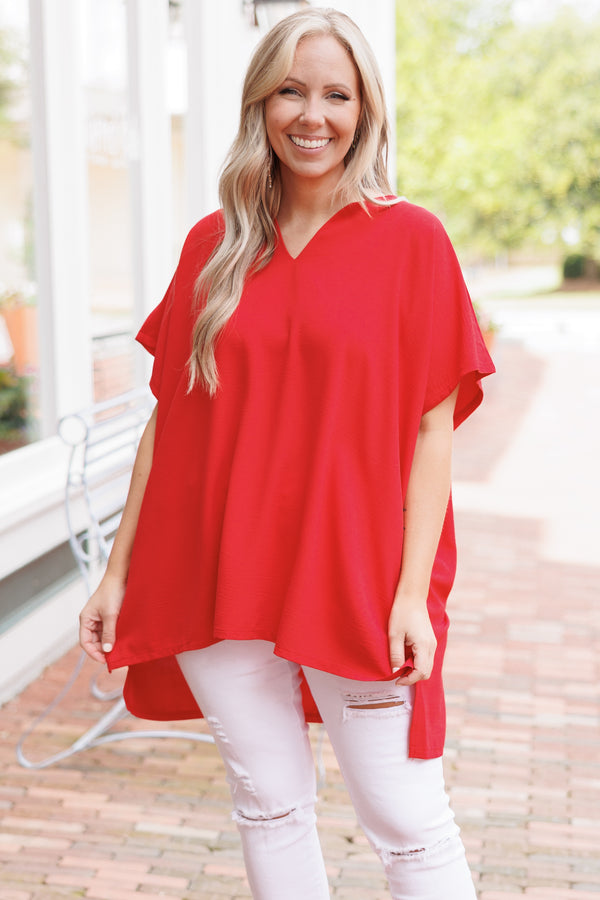 Chic Soul plus size clothing, red flowy blouse with a v neck