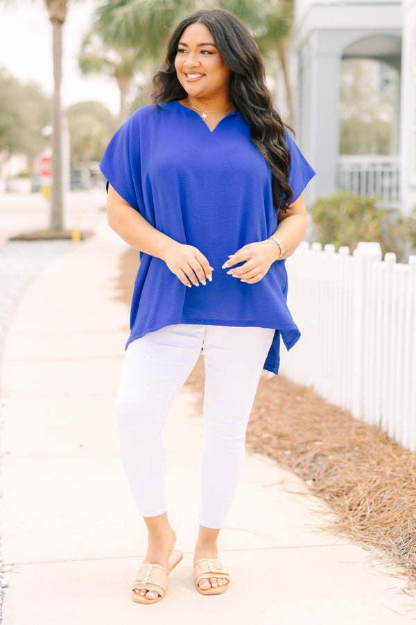 Chic Soul plus size clothing, royal blue air flow blouse with a v neck