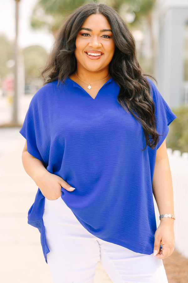 Chic Soul plus size clothing, royal blue air flow blouse with a v neck