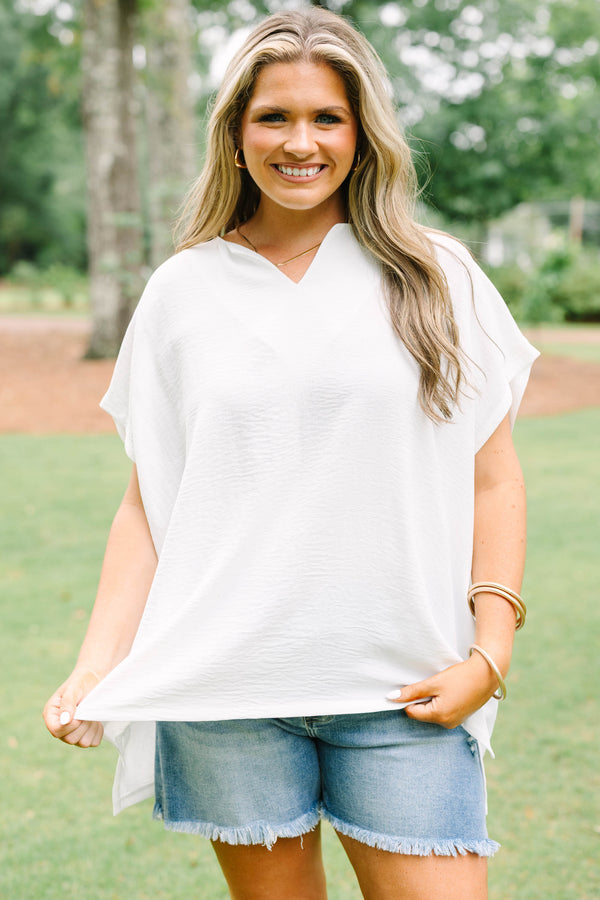 Chic Soul plus size clothing, white flowy blouse with a v neck