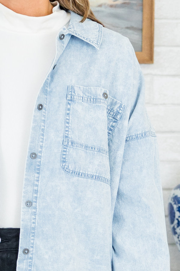 Chic Soul plus size clothing, light indigo button down top with acid wash look and pockets on chest