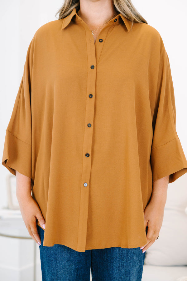 Chic Soul plus size clothing, brown three quarter length sleeve button up top with collar detail and cuff sleeves