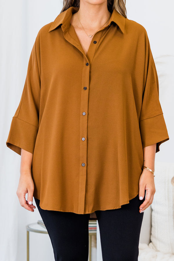 Chic Soul plus size clothing, brown three quarter length sleeve button up top with collar detail and cuff sleeves