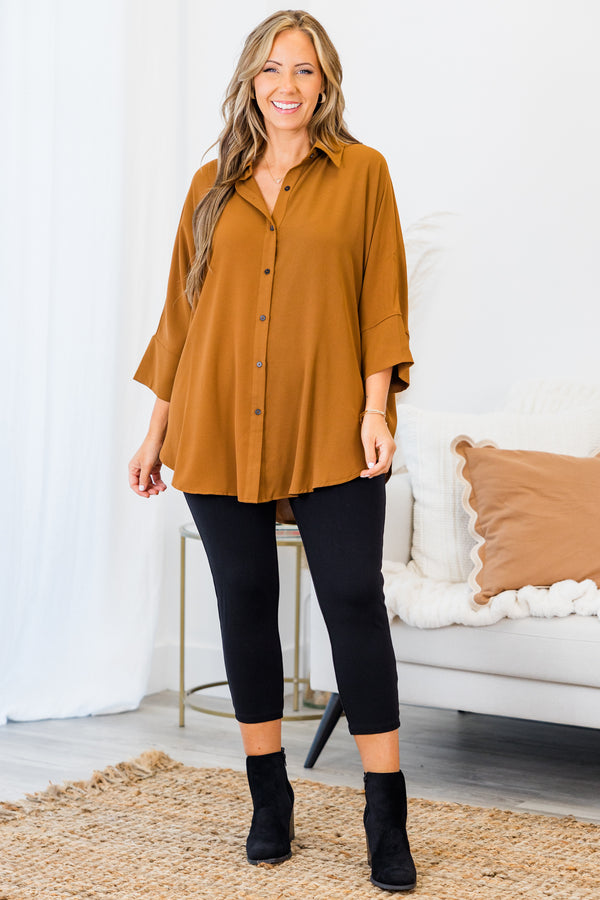 Chic Soul plus size clothing, brown three quarter length sleeve button up top with collar detail and cuff sleeves