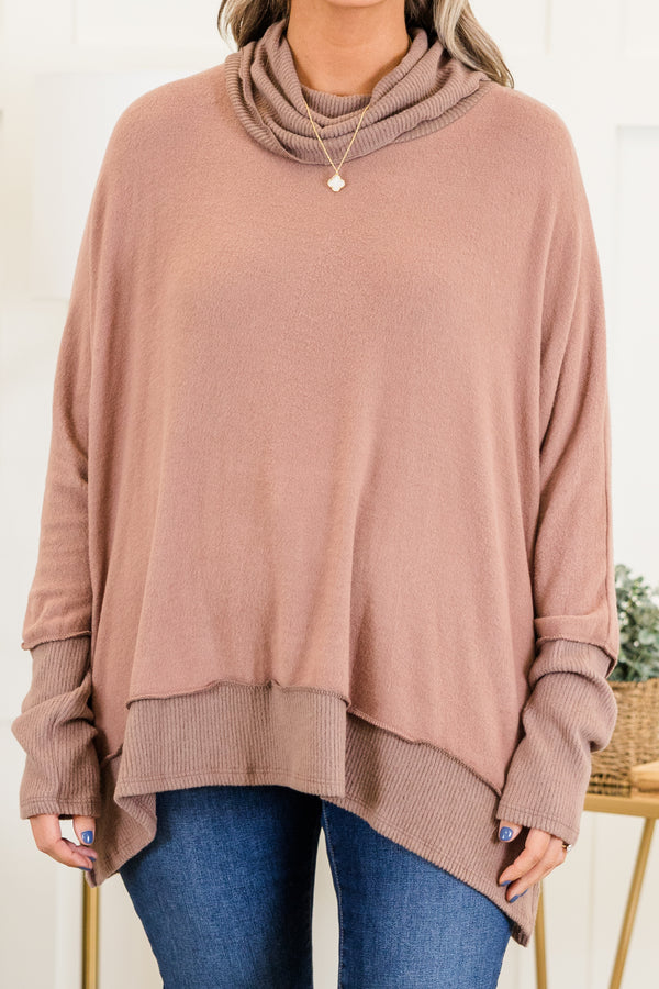 Chic Soul plus size clothing, long-sleeve acorn brown top with inside-out distressed stitching and turtle-neckline