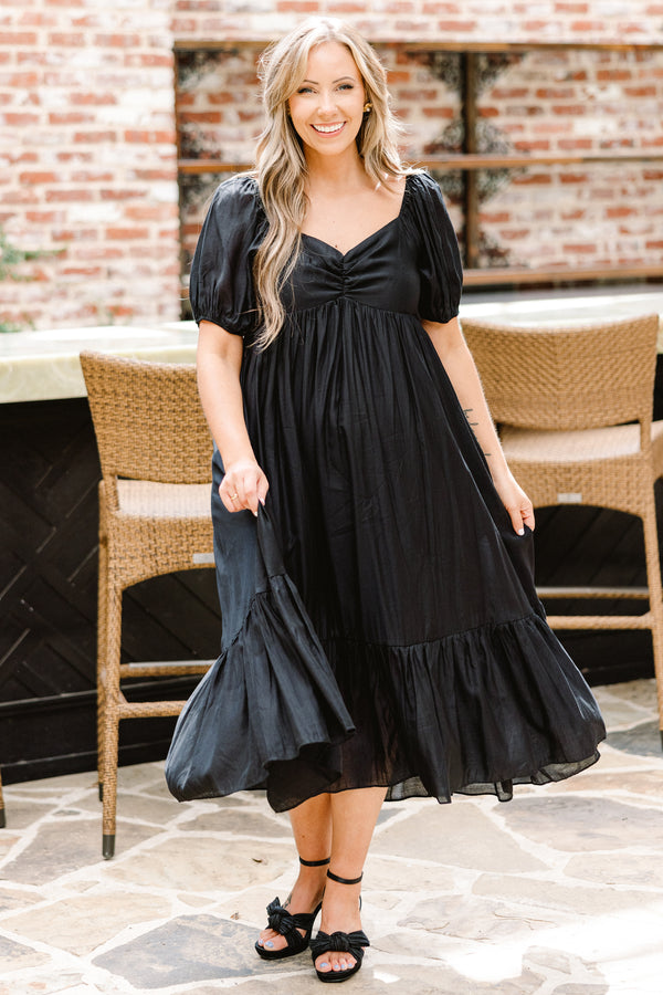 Chic Soul plus size clothing, short sleeve black midi dress with synched chest with sweetheart neckline with puff sleeves and ruffle tier along the bottom